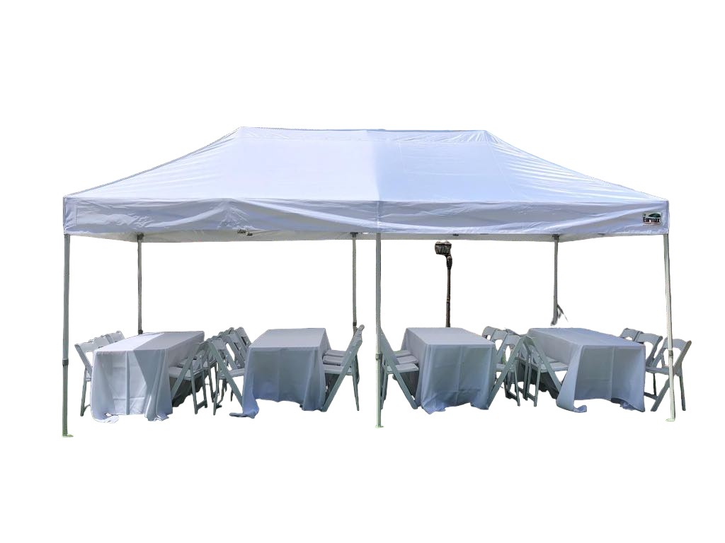 10x20 Canopy, 4 6ft tables, and 24 Resin Chairs (sku 10x20ctrcl)