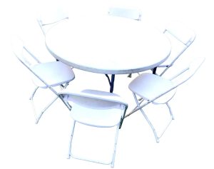 White Round Party Table with 6 Chairs Package (sku wrt6c) - San Diego